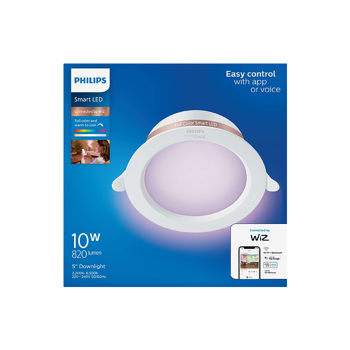 Philips Wiz 10 Watts WiFi Recessed RGB Downlight with 16 million colors, Alexa, Google Assistant, Siri Voice Control